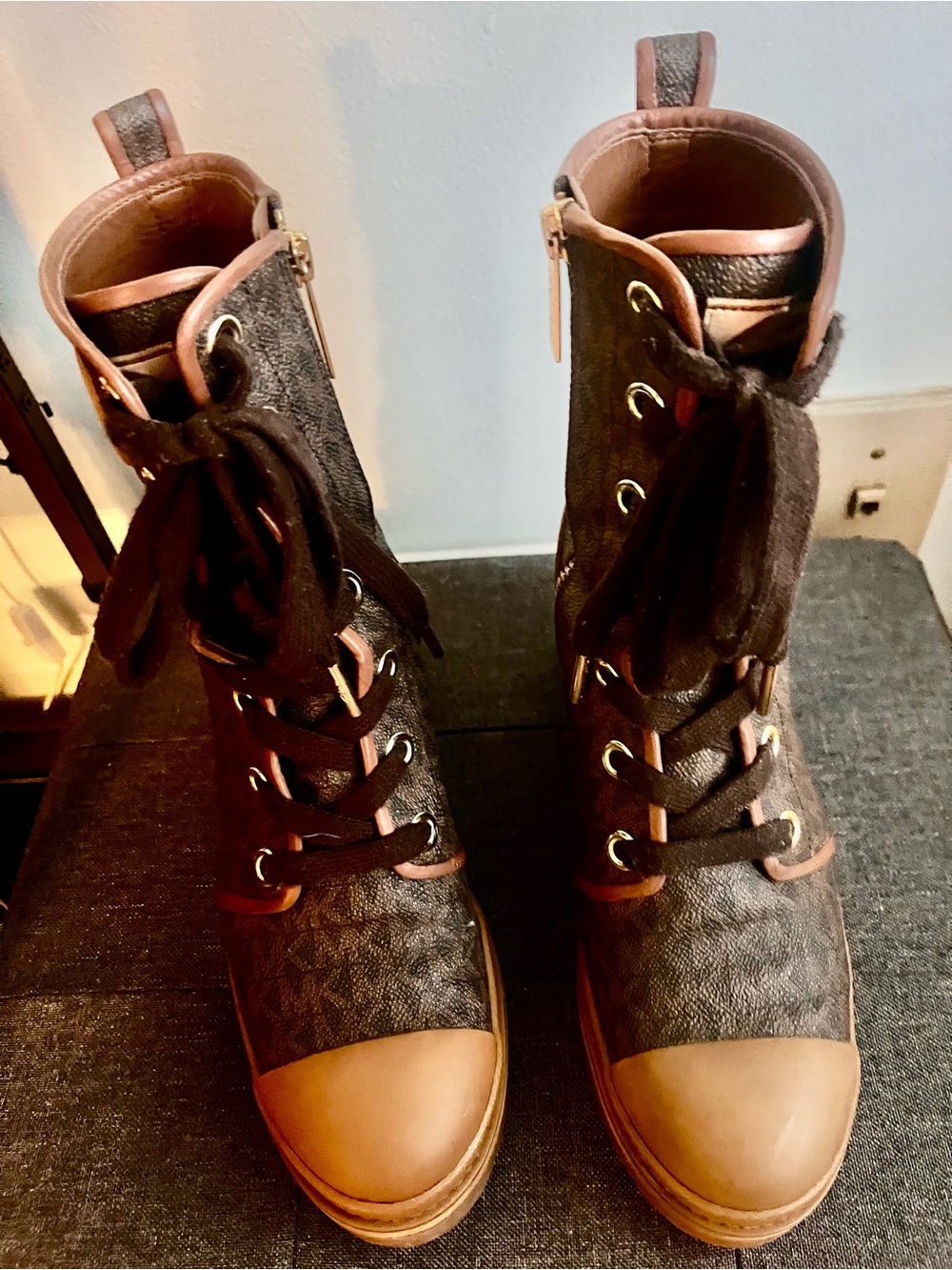 Michael Kors Brown Logo Lace-Up Platform Combat Boots